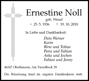 Traueranzeige von Ernestine Noll von Wochen-Anzeiger Oberhausen