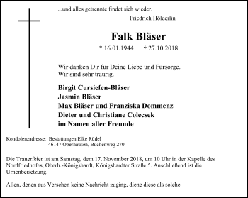 Traueranzeige von Falk Bläser von Wochen-Anzeiger Oberhausen