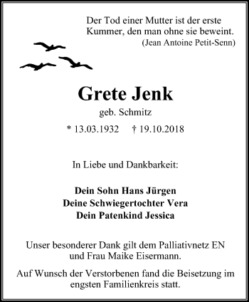 Traueranzeige von Grete Jenk von Stadtspiegel Hattingen/Niedersprockhövel