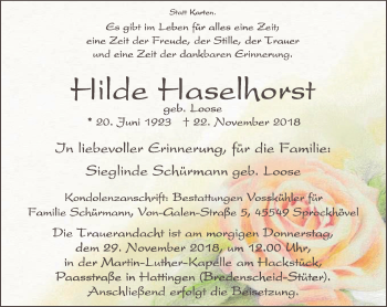 Traueranzeige von Hilde Haselhorst von Stadtspiegel Hattingen/Niedersprockhövel