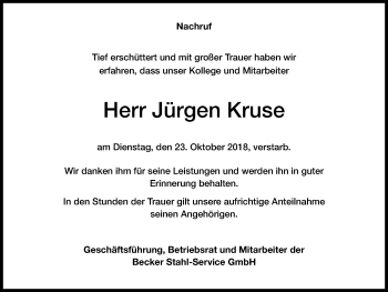 Traueranzeige von Jürgen Kruse von Stadtanzeiger Hagen + Herdecke/Wetter/Vorhalle