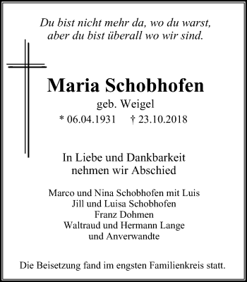 Traueranzeige von Maria Schobhofen von Wochen-Anzeiger Langenfeld/Monheim/Hilden