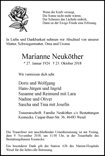 Traueranzeige von Marianne Neuköther von Der Weseler + Der Xantener