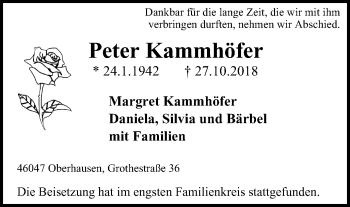 Traueranzeige von Peter Kammhöfer von Wochen-Anzeiger Oberhausen