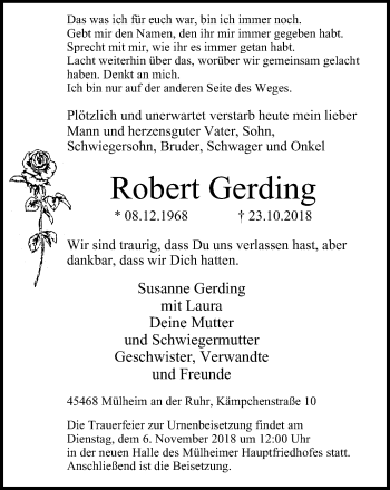 Traueranzeige von Robert Gerding von Mülheimer Woche