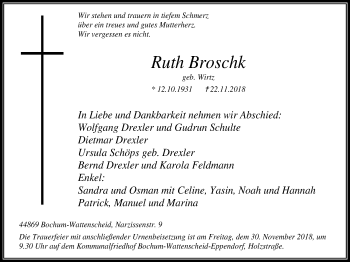 Traueranzeige von Ruth Broschk von Stadtspiegel Wattenscheid