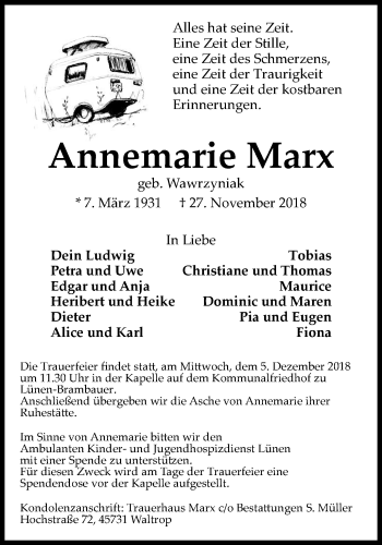 Traueranzeige von Annemarie Marx von Lüner Anzeiger