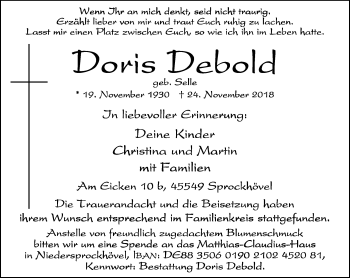Traueranzeige von Doris Debold von Stadtspiegel Hattingen/Niedersprockhövel