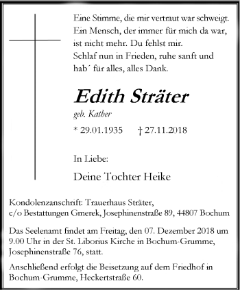 Traueranzeige von Edith Sträter von Stadtspiegel Bochum