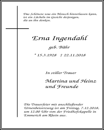 Traueranzeige von Erna Ingendahl von Stadtanzeiger Emmerich/Rees/Isselburg