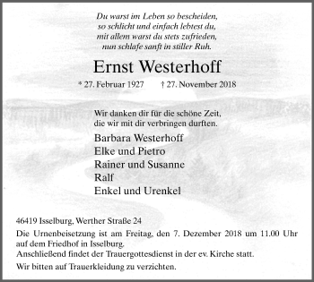 Traueranzeige von Ernst Westerhoff von Stadtanzeiger Emmerich/Rees/Isselburg