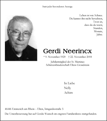 Traueranzeige von Gerdi Neerincx von Stadtanzeiger Emmerich/Rees/Isselburg