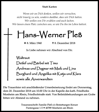 Traueranzeige von Hans-Werner Pleß von Wochen-Anzeiger Langenfeld/Monheim/Hilden