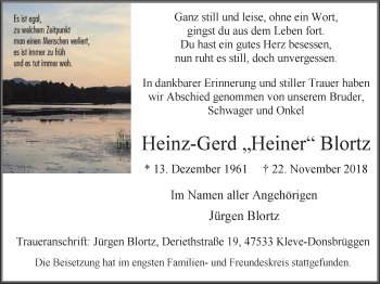 Traueranzeige von Heinz-Gerd Blortz von Klever + Gocher Wochenblatt