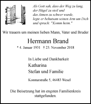 Traueranzeige von Hermann Brand von Der Weseler + Der Xantener