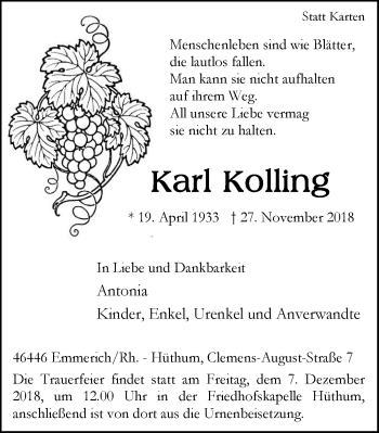 Traueranzeige von Karl Kolling von Stadtanzeiger Emmerich/Rees/Isselburg