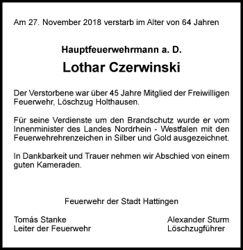 Traueranzeige von Lothar Czerwinski von Stadtspiegel Hattingen/Niedersprockhövel