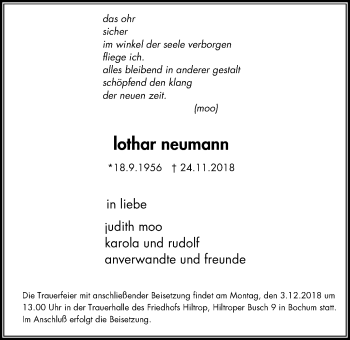 Traueranzeige von Lothar Neumann von Stadtspiegel Bochum