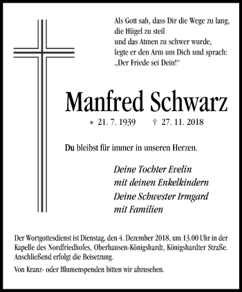 Traueranzeige von Manfred Schwarz von Wochen-Anzeiger Oberhausen