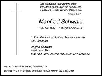 Traueranzeige von Manfred Schwarz von Lüner Anzeiger