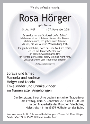 Traueranzeige von Rosa Hörger von Mülheimer Woche