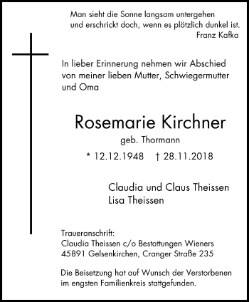 Traueranzeige von Rosemarie Kirchner von Stadtspiegel Gelsenkirchen