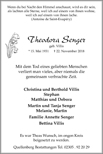 Traueranzeige von Theodora Senger von Stadtanz.Castrop-Rauxel