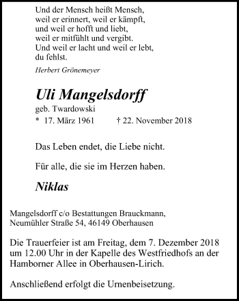 Traueranzeige von Uli Mangelsdorff von Wochen-Anzeiger Oberhausen