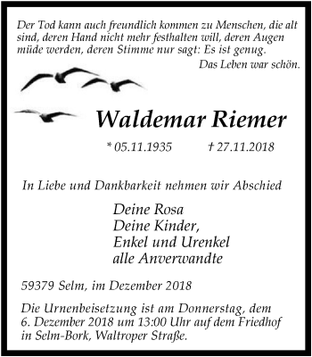 Traueranzeige von Waldemar Riemer von Lüner Anzeiger
