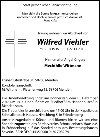 Traueranzeige von Wilfred Viehler von Stadtspiegel Menden + Froendenberg