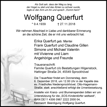Traueranzeige von Wolfgang Querfurt von Stadtspiegel Hattingen/Niedersprockhövel