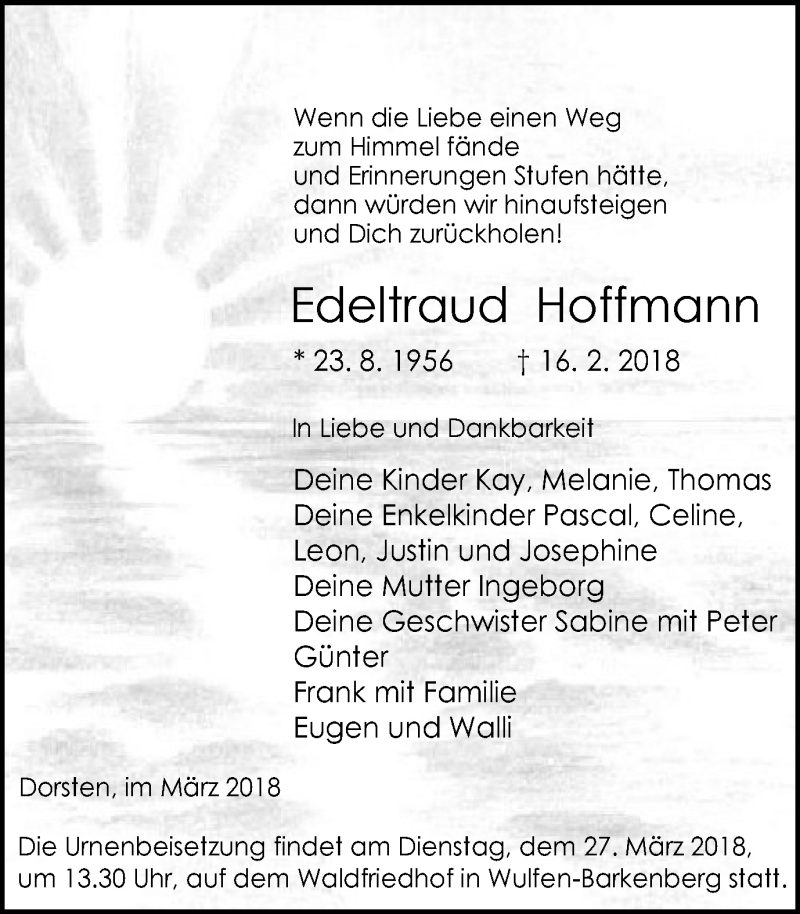  Traueranzeige für Edeltraud Hoffmann vom 21.03.2018 aus Stadtspiegel Haltern + Dorsten