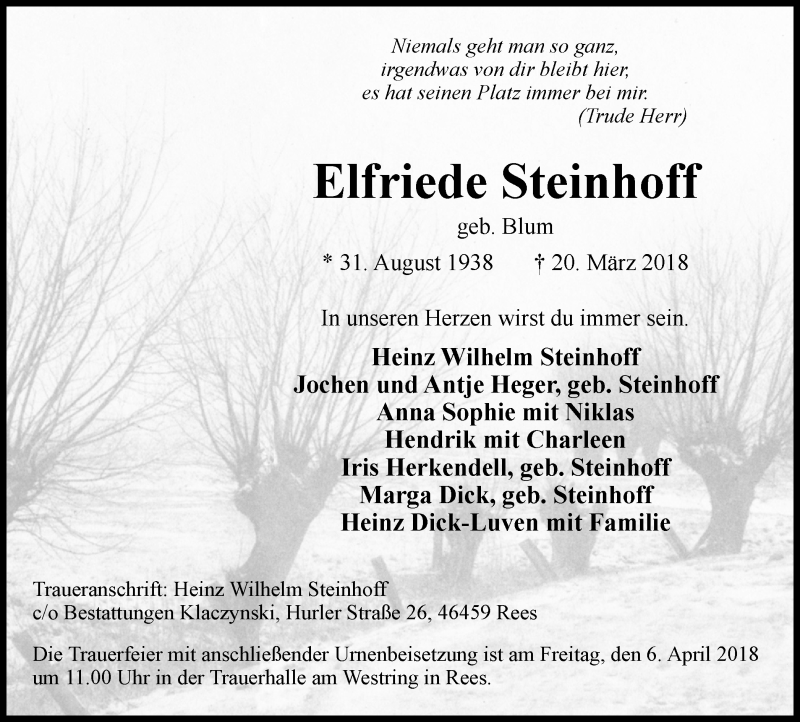  Traueranzeige für Elfriede Steinhoff vom 31.03.2018 aus Stadtanzeiger Emmerich/Rees/Isselburg
