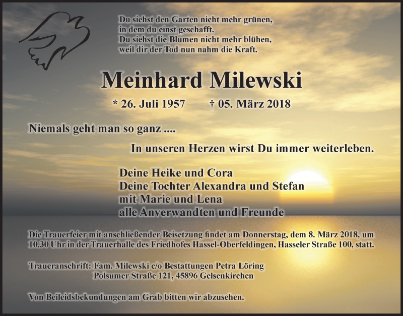  Traueranzeige für Meinhard Milewski vom 07.03.2018 aus Stadtspiegel Gelsenkirchen