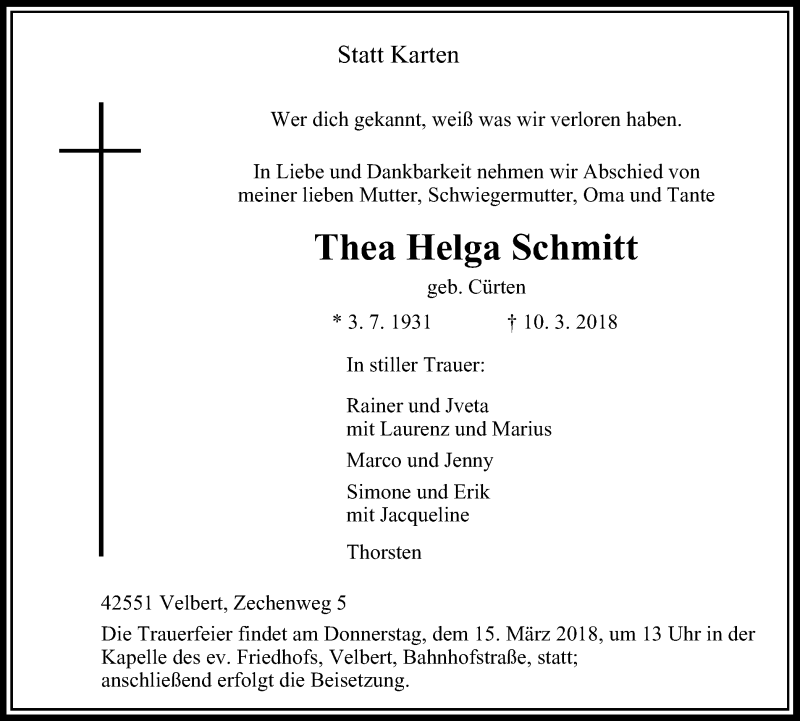  Traueranzeige für Thea Helga Schmitt vom 14.03.2018 aus Stadtanzeiger Velbert + Heiligenhaus