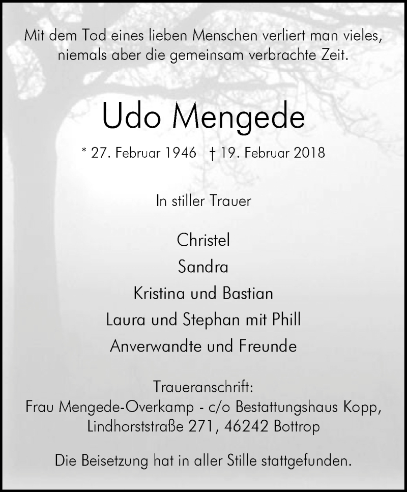  Traueranzeige für Udo Mengede vom 14.03.2018 aus Stadtspiegel Bottrop