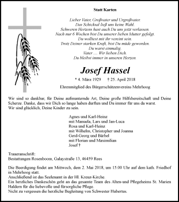 Traueranzeige von Josef Hassel von Stadtanzeiger Emmerich/Rees/Isselburg