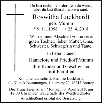 Traueranzeige von Roswitha Luckhardt von Stadtspiegel Bottrop