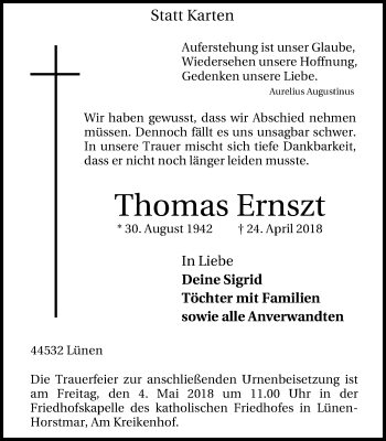 Traueranzeige von Thomas Ernszt von Lüner Anzeiger