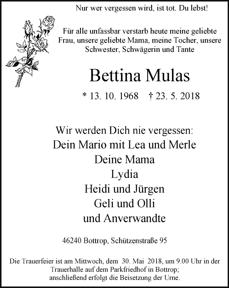  Traueranzeige für Bettina Mulas vom 26.05.2018 aus Stadtspiegel Bottrop