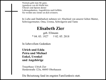 Traueranzeige von Elisabeth Zier von Wochen-Anzeiger Oberhausen
