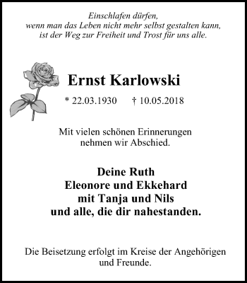 Traueranzeige von Ernst Karlowski von Wochen-Anzeiger Oberhausen
