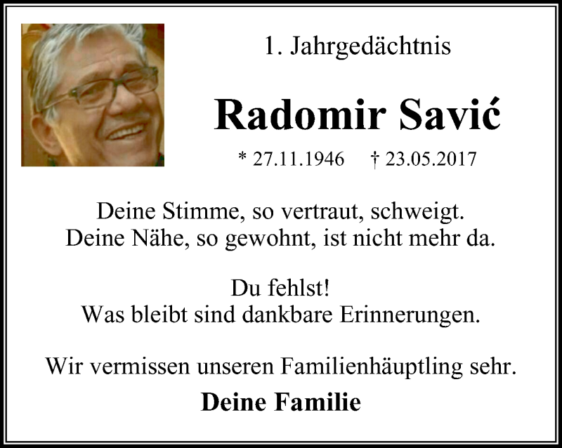  Traueranzeige für Radomir Savic vom 26.05.2018 aus Wochen-Anzeiger Langenfeld/Monheim/Hilden