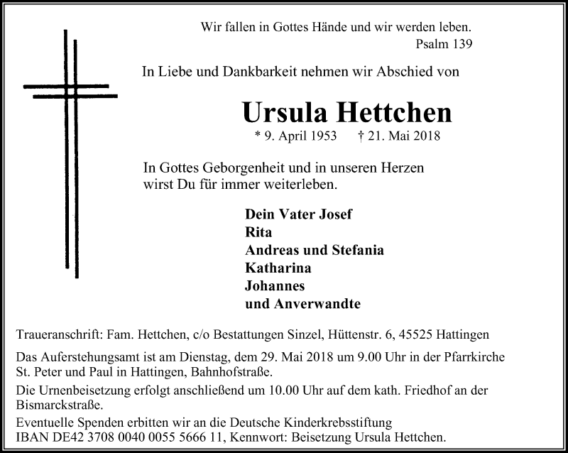  Traueranzeige für Ursula Hettchen vom 26.05.2018 aus Stadtspiegel Hattingen/Niedersprockhövel