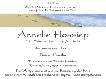 Traueranzeige von Annelie Hossiep von Stadtspiegel Hattingen/Niedersprockhövel