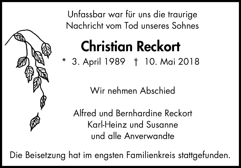  Traueranzeige für Christian Reckort vom 13.06.2018 aus Wochen-Anzeiger Oberhausen
