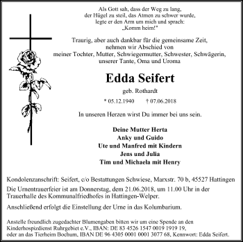 Traueranzeige von Edda Seifert von Stadtspiegel Hattingen/Niedersprockhövel