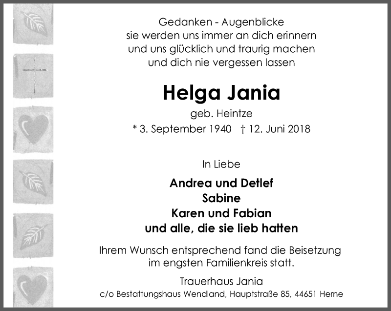 Traueranzeige für Helga Jania vom 30.06.2018 aus Wochenblatt Herne/Wanne-Eickel