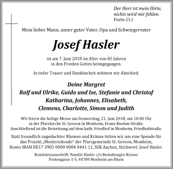 Traueranzeige von Josef Hasler von Wochen-Anzeiger Langenfeld/Monheim/Hilden