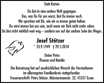 Traueranzeige von Josef Stötzer von Stadtspiegel Essen